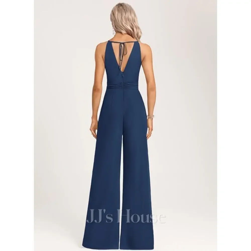 JJ's House Safara Halter Chiffon Jumpsuit Navy Blue Size 8 Built in Bra Wide Leg - Picture 2 of 9
